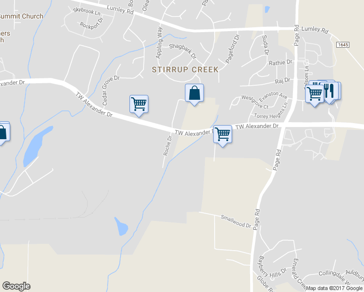map of restaurants, bars, coffee shops, grocery stores, and more near 101 Roche Drive in Durham