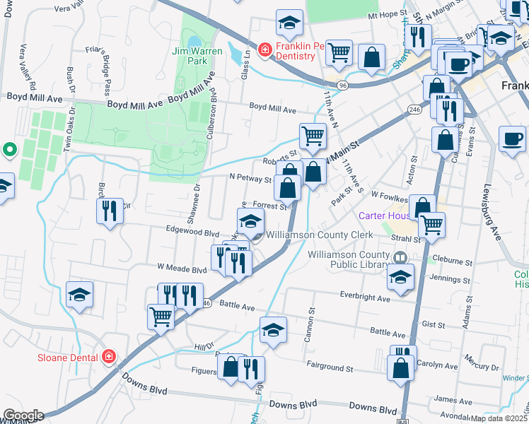 map of restaurants, bars, coffee shops, grocery stores, and more near 415 Forrest Street in Franklin