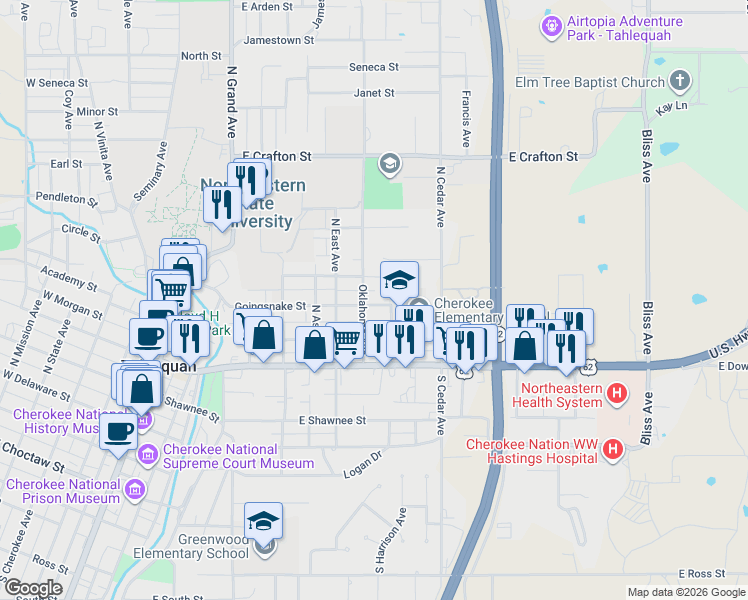 map of restaurants, bars, coffee shops, grocery stores, and more near 705 Goingsnake Street in Tahlequah