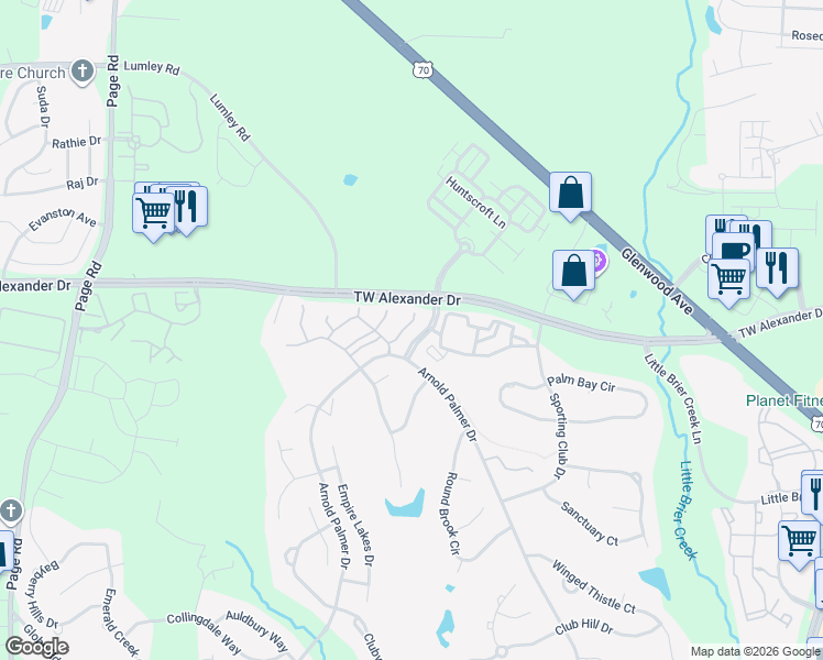 map of restaurants, bars, coffee shops, grocery stores, and more near 9423 Oglebay Court in Raleigh