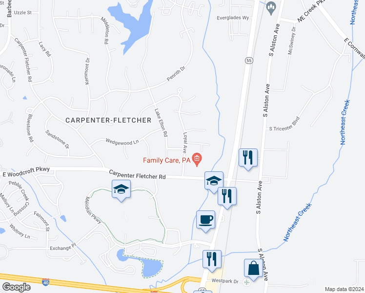 map of restaurants, bars, coffee shops, grocery stores, and more near 1315 Ferriday Drive in Durham