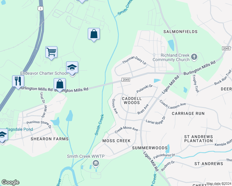 map of restaurants, bars, coffee shops, grocery stores, and more near 2921 Gross Avenue in Wake Forest