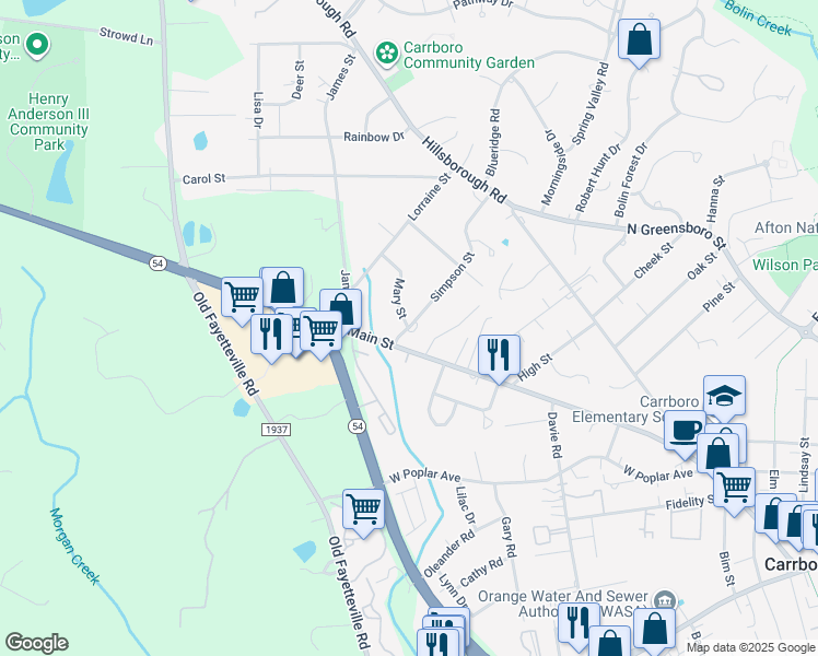 map of restaurants, bars, coffee shops, grocery stores, and more near 301 Simpson Street in Carrboro
