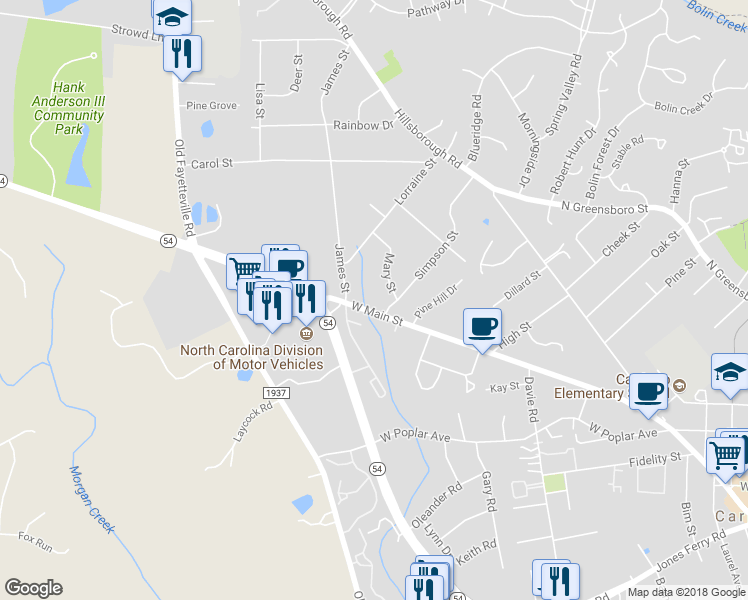 map of restaurants, bars, coffee shops, grocery stores, and more near 302 Simpson Street in Carrboro