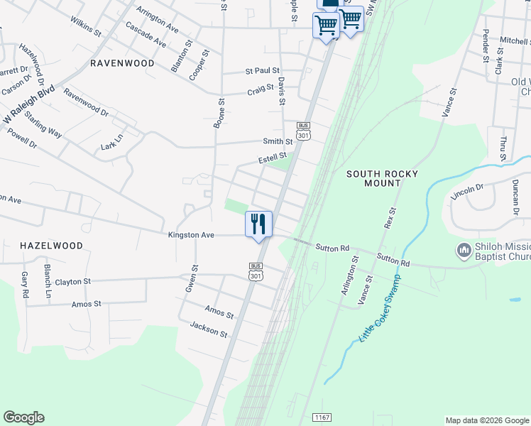 map of restaurants, bars, coffee shops, grocery stores, and more near 209 Home Street in Rocky Mount