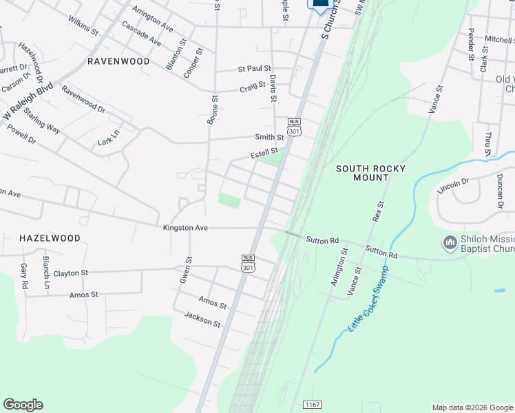 map of restaurants, bars, coffee shops, grocery stores, and more near 209 Home Street in Rocky Mount