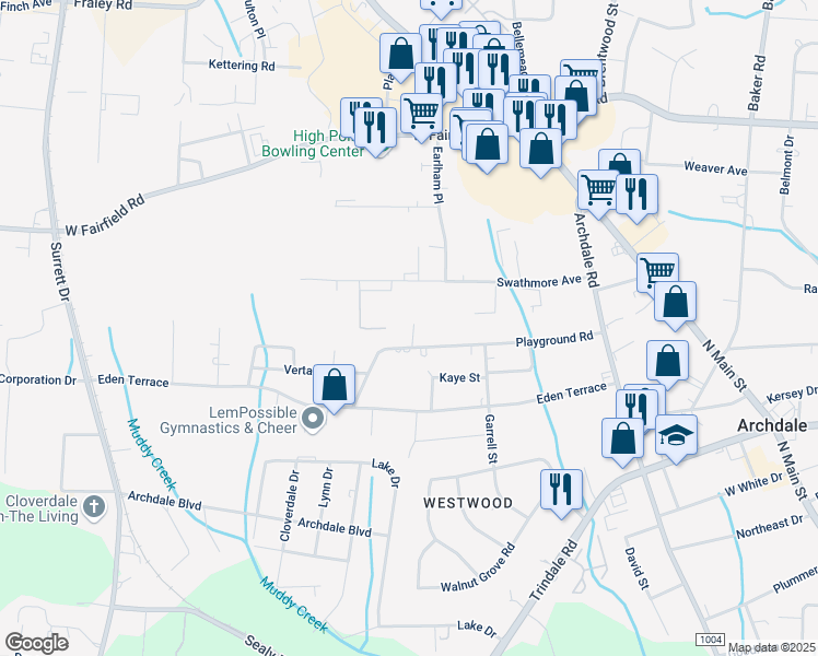 map of restaurants, bars, coffee shops, grocery stores, and more near 520B Playground Road in Archdale