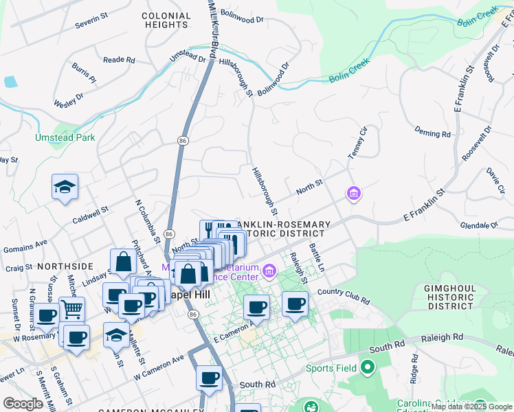 map of restaurants, bars, coffee shops, grocery stores, and more near 301 Hillsborough Street in Chapel Hill