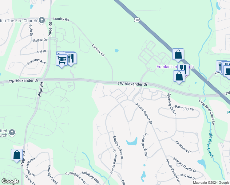 map of restaurants, bars, coffee shops, grocery stores, and more near 11221 Presidio Drive in Raleigh