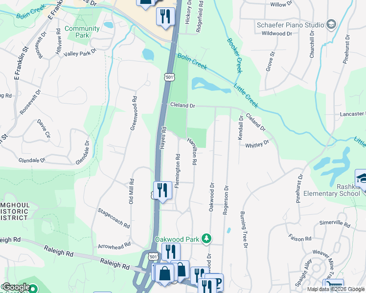 map of restaurants, bars, coffee shops, grocery stores, and more near 232 Flemington Road in Chapel Hill