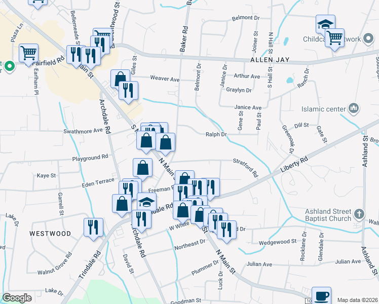 map of restaurants, bars, coffee shops, grocery stores, and more near 128 Baker Road in Archdale