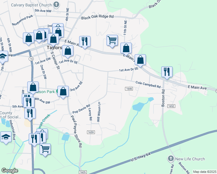 map of restaurants, bars, coffee shops, grocery stores, and more near 43 Orchard Trace Court in Taylorsville