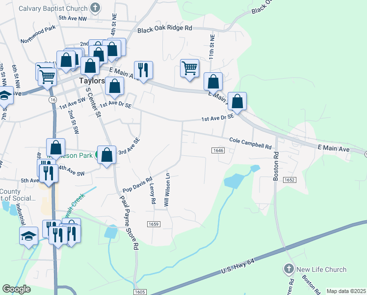 map of restaurants, bars, coffee shops, grocery stores, and more near 43 Orchard Trace Court in Taylorsville