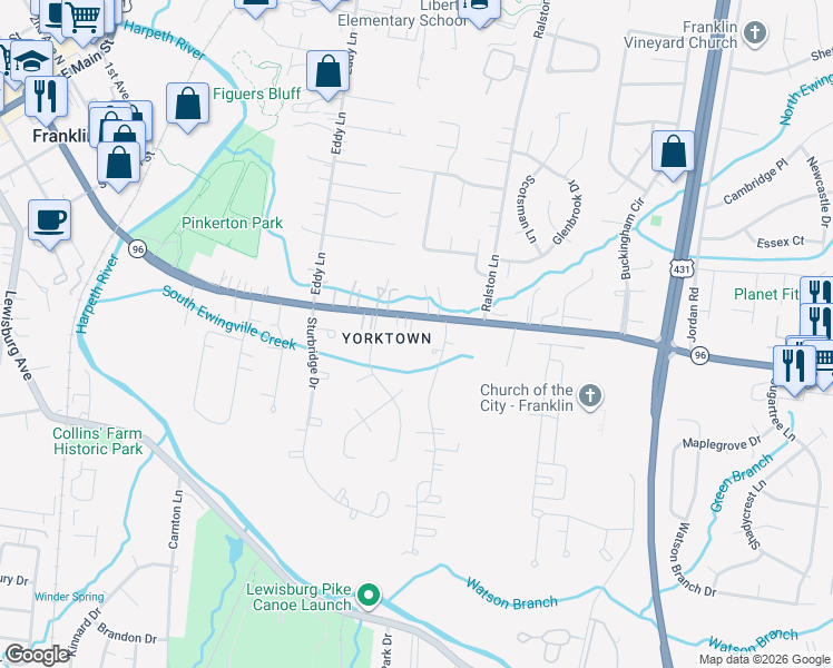 map of restaurants, bars, coffee shops, grocery stores, and more near 718 Murfreesboro Road in Franklin