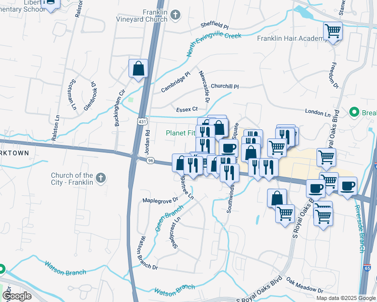 map of restaurants, bars, coffee shops, grocery stores, and more near 1011 Murfreesboro Road in Franklin