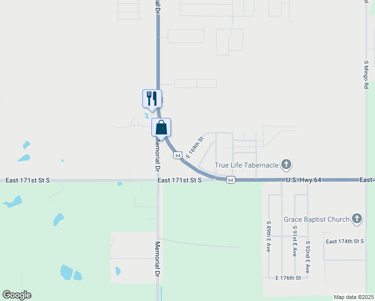 map of restaurants, bars, coffee shops, grocery stores, and more near 8301 East 169th Street in Bixby