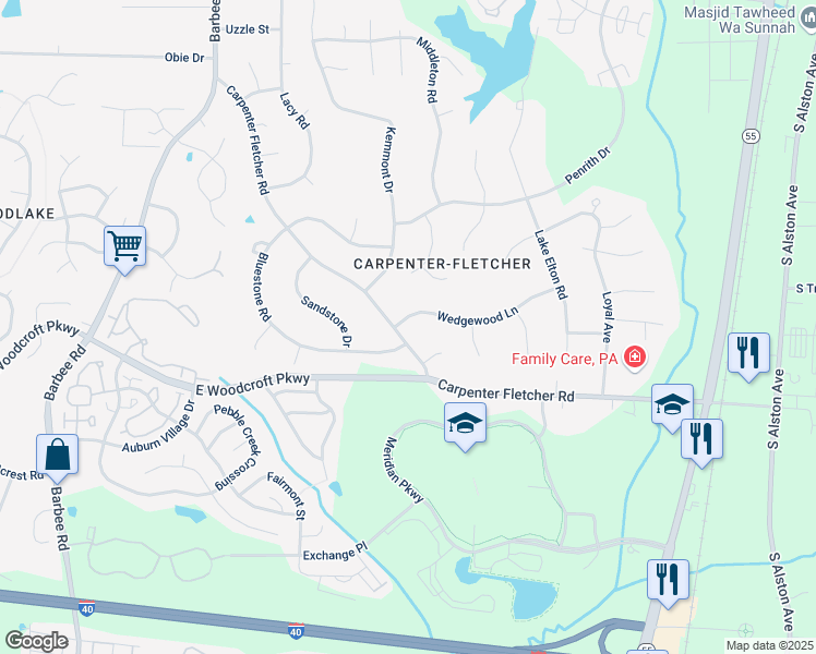 map of restaurants, bars, coffee shops, grocery stores, and more near 1029 Carpenter Fletcher Road in Durham
