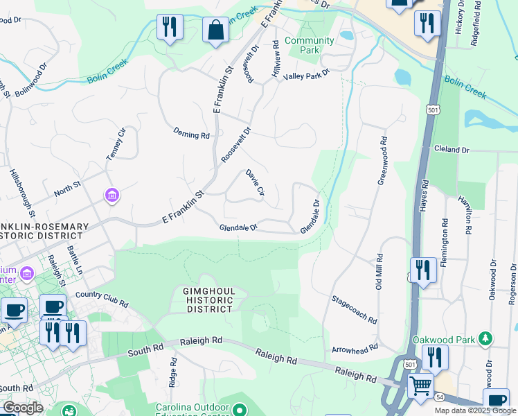 map of restaurants, bars, coffee shops, grocery stores, and more near 207 Glendale Drive in Chapel Hill