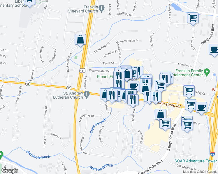 map of restaurants, bars, coffee shops, grocery stores, and more near 1011 Murfreesboro Road in Franklin