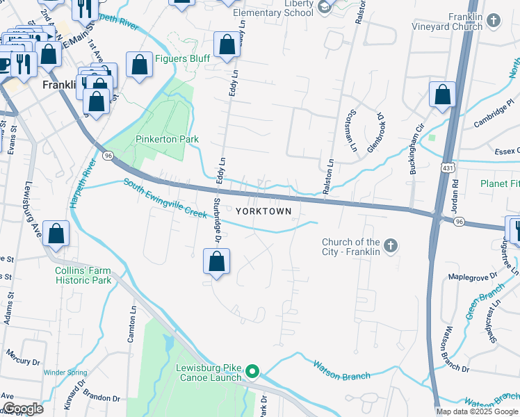 map of restaurants, bars, coffee shops, grocery stores, and more near 710 Murfreesboro Road in Franklin
