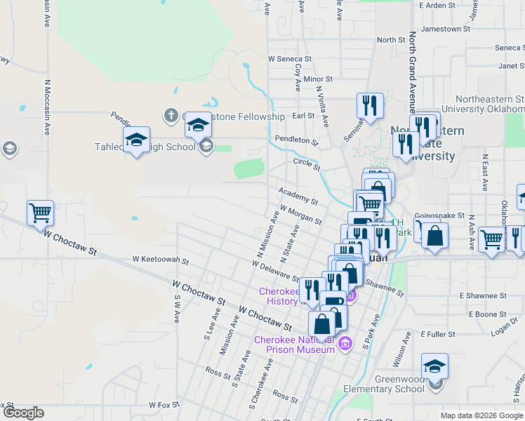 map of restaurants, bars, coffee shops, grocery stores, and more near 522 West Downing Street in Tahlequah