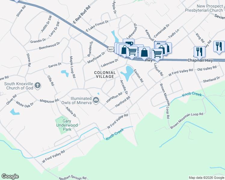 map of restaurants, bars, coffee shops, grocery stores, and more near 310 Canterbury Drive in Knoxville