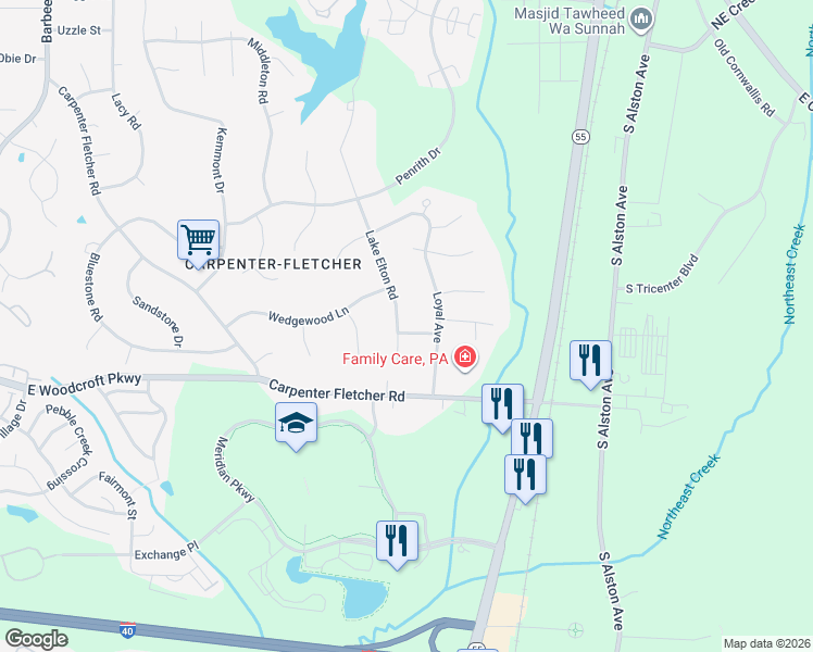 map of restaurants, bars, coffee shops, grocery stores, and more near 1301 Ferriday Drive in Durham