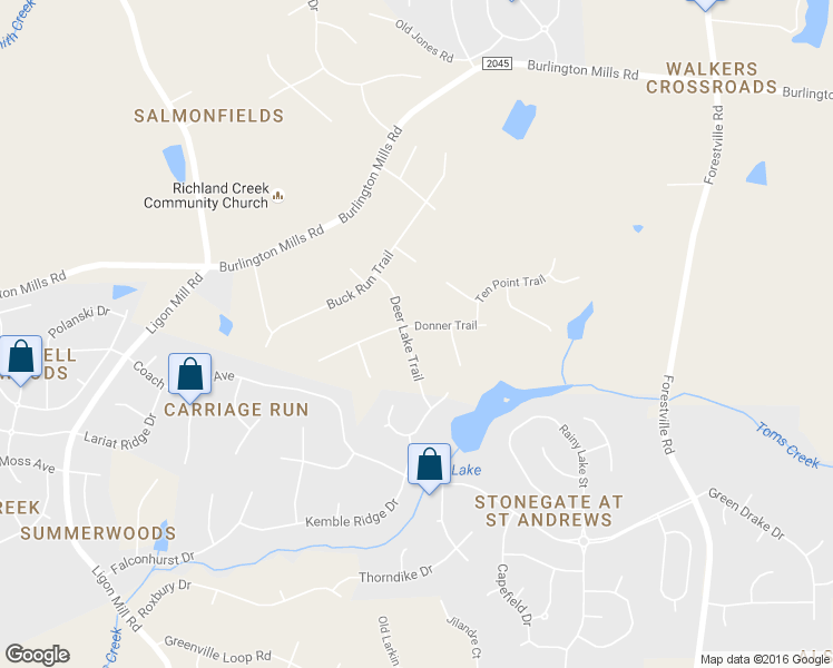 map of restaurants, bars, coffee shops, grocery stores, and more near 3400 Donner Trail in Wake Forest