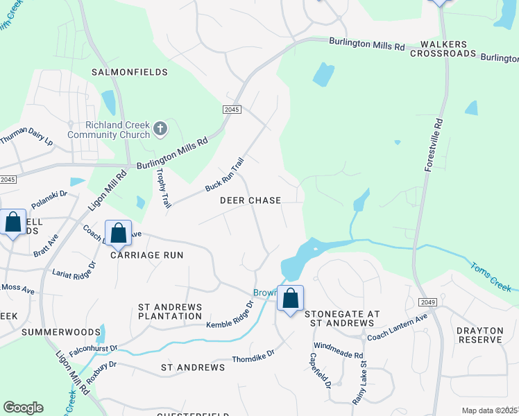 map of restaurants, bars, coffee shops, grocery stores, and more near 3400 Donner Trail in Wake Forest