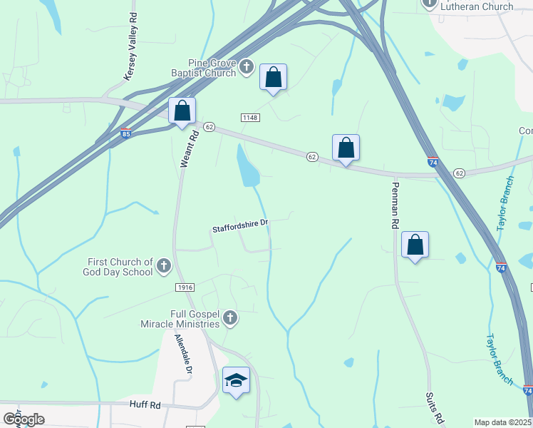 map of restaurants, bars, coffee shops, grocery stores, and more near 6408 Staffordshire Drive in High Point