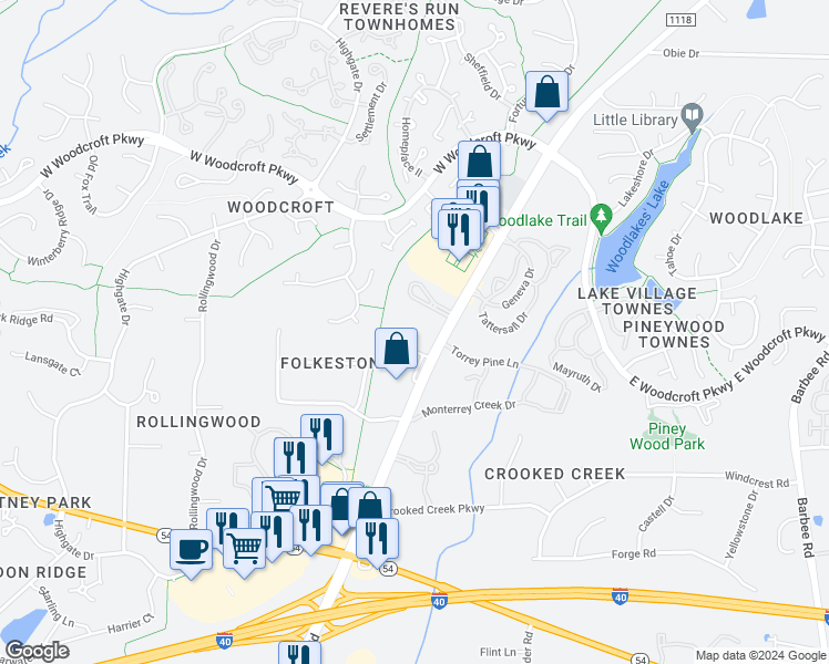 map of restaurants, bars, coffee shops, grocery stores, and more near 6000 Fayetteville Road in Durham