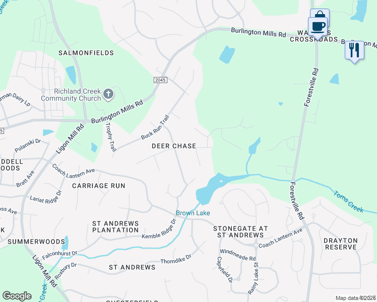 map of restaurants, bars, coffee shops, grocery stores, and more near 3412 Donner Trail in Wake Forest