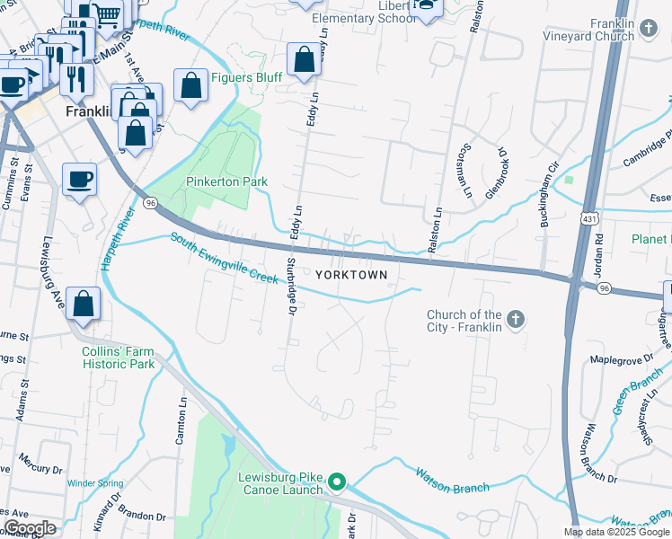 map of restaurants, bars, coffee shops, grocery stores, and more near 710 Murfreesboro Road in Franklin
