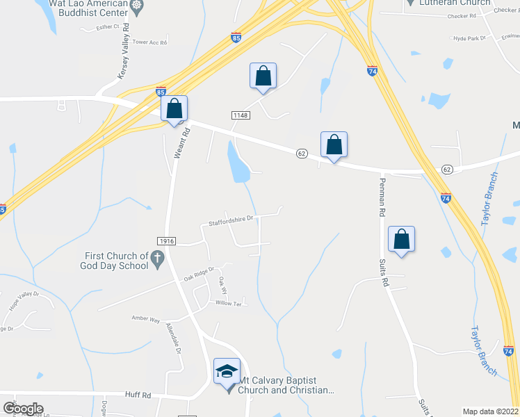 map of restaurants, bars, coffee shops, grocery stores, and more near 6408 Staffordshire Drive in High Point