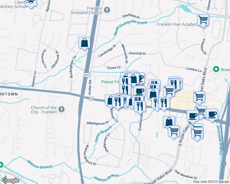 map of restaurants, bars, coffee shops, grocery stores, and more near 1011 Murfreesboro Road in Franklin