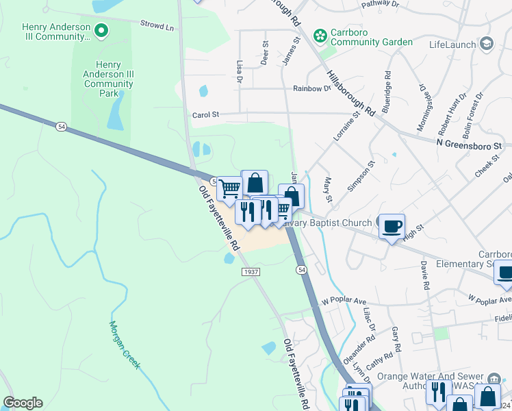 map of restaurants, bars, coffee shops, grocery stores, and more near 102 North Carolina 54 in Carrboro