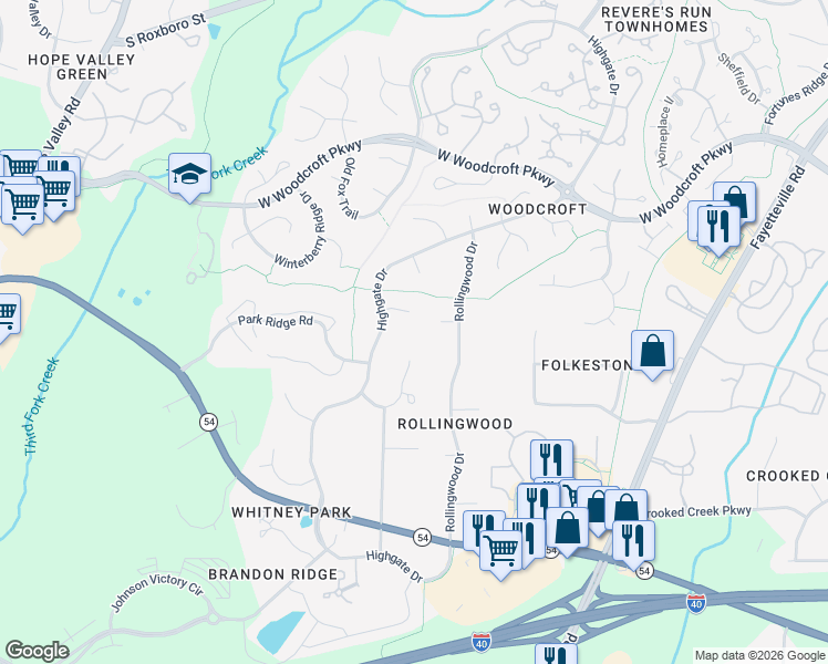 map of restaurants, bars, coffee shops, grocery stores, and more near 4800 Marlborough Way in Durham