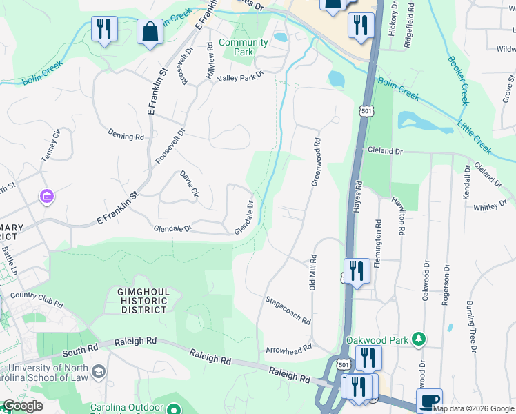 map of restaurants, bars, coffee shops, grocery stores, and more near 320 Glendale Drive in Chapel Hill
