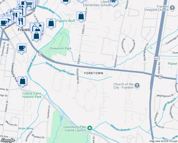map of restaurants, bars, coffee shops, grocery stores, and more near 710 Murfreesboro Road in Franklin