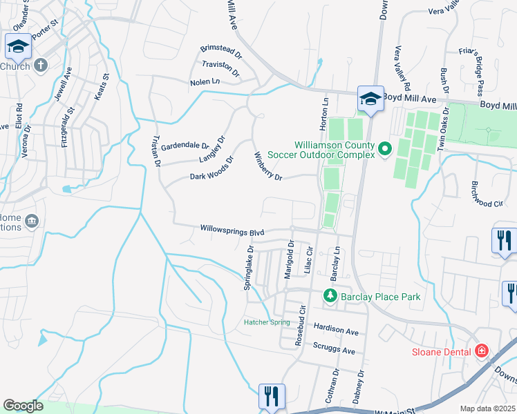 map of restaurants, bars, coffee shops, grocery stores, and more near 163 Gardenia Way in Franklin