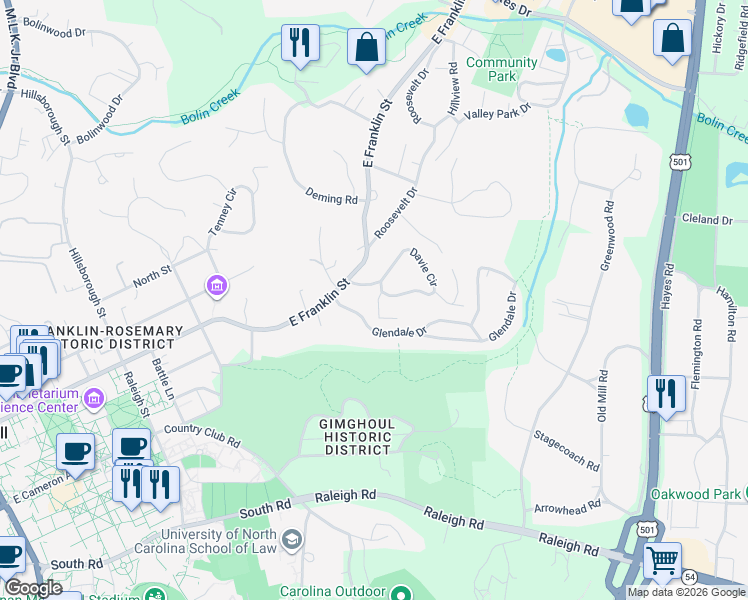 map of restaurants, bars, coffee shops, grocery stores, and more near 105 Jones Street in Chapel Hill