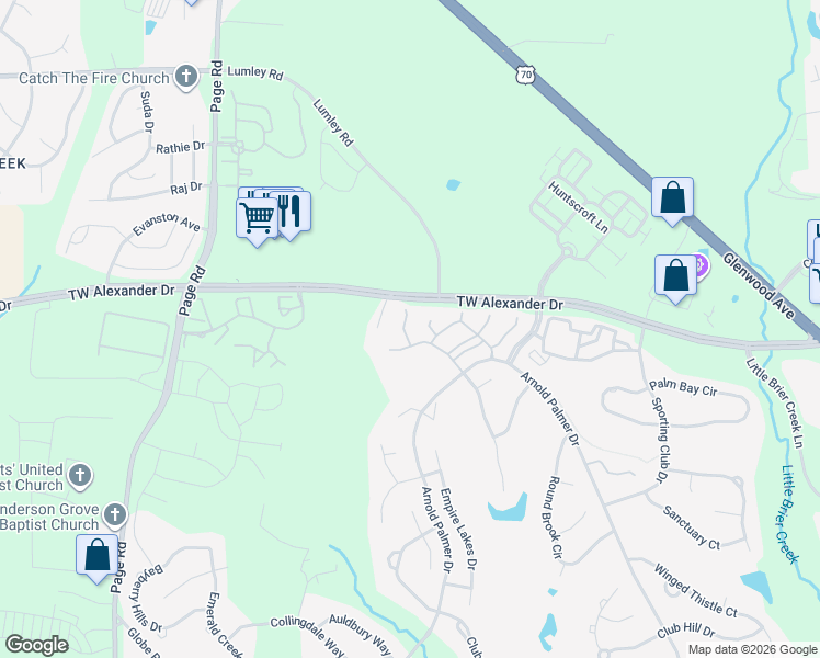 map of restaurants, bars, coffee shops, grocery stores, and more near 11230 Maplecroft Court in Raleigh