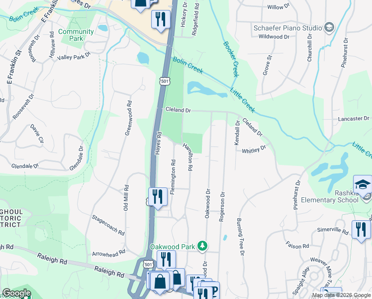 map of restaurants, bars, coffee shops, grocery stores, and more near 192 Hamilton Road in Chapel Hill