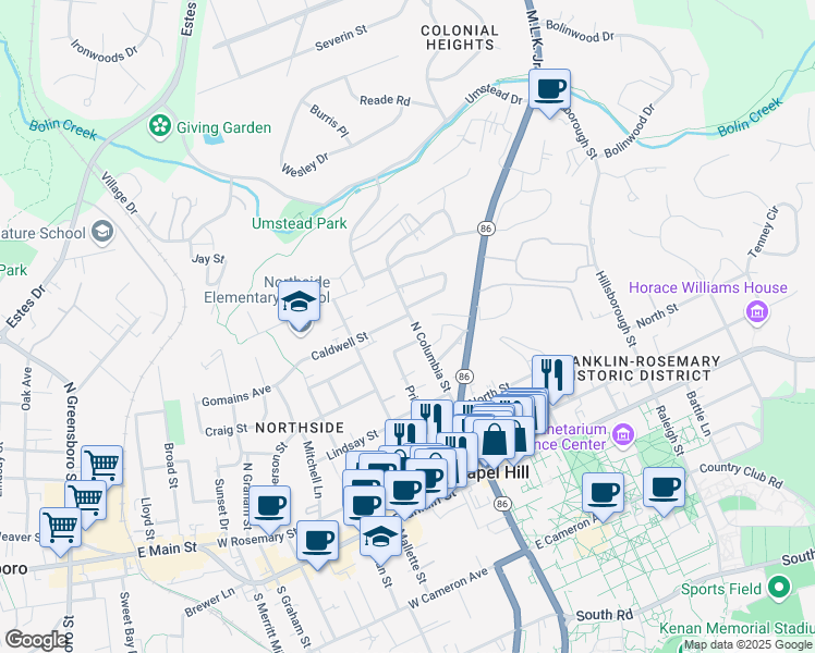map of restaurants, bars, coffee shops, grocery stores, and more near 101 Caldwell Street in Chapel Hill