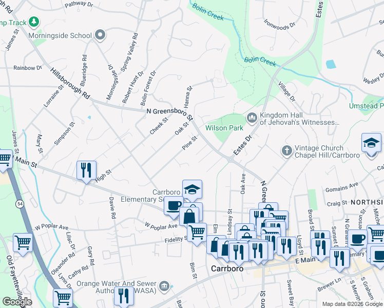 map of restaurants, bars, coffee shops, grocery stores, and more near 109 Sue Ann Court in Carrboro
