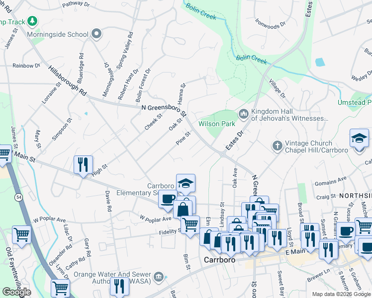 map of restaurants, bars, coffee shops, grocery stores, and more near 109 Sue Ann Court in Carrboro