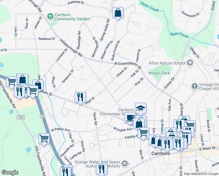 map of restaurants, bars, coffee shops, grocery stores, and more near 402 Hillsborough Road in Carrboro