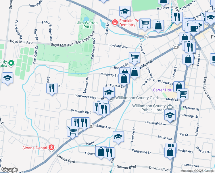 map of restaurants, bars, coffee shops, grocery stores, and more near 1209 Brookwood Avenue in Franklin