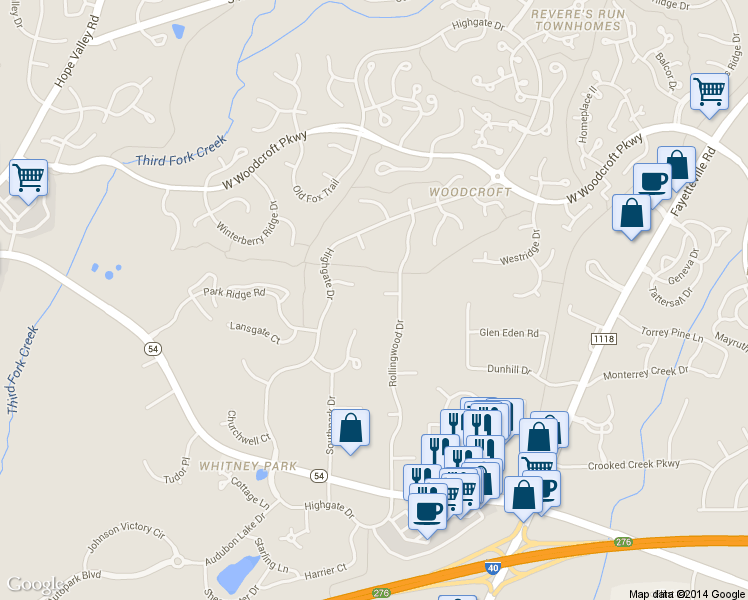 map of restaurants, bars, coffee shops, grocery stores, and more near 9 Barwinds Circle in Durham