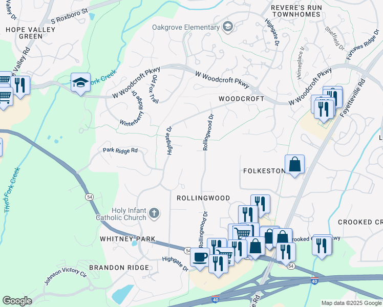 map of restaurants, bars, coffee shops, grocery stores, and more near 9 Barwinds Circle in Durham